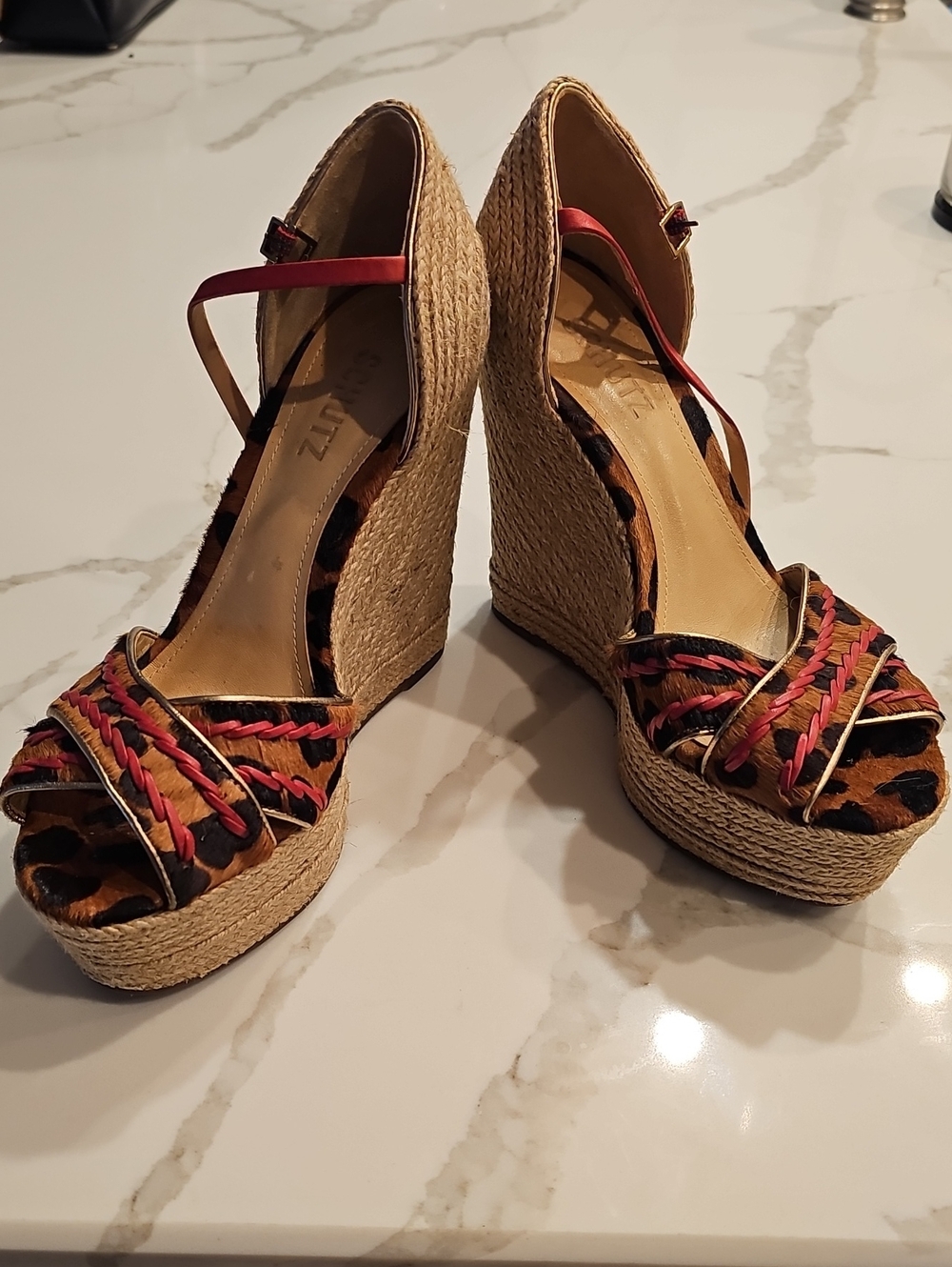 SCHUTZ Leopard Print Espadrille Wedges with Pink Braided Straps